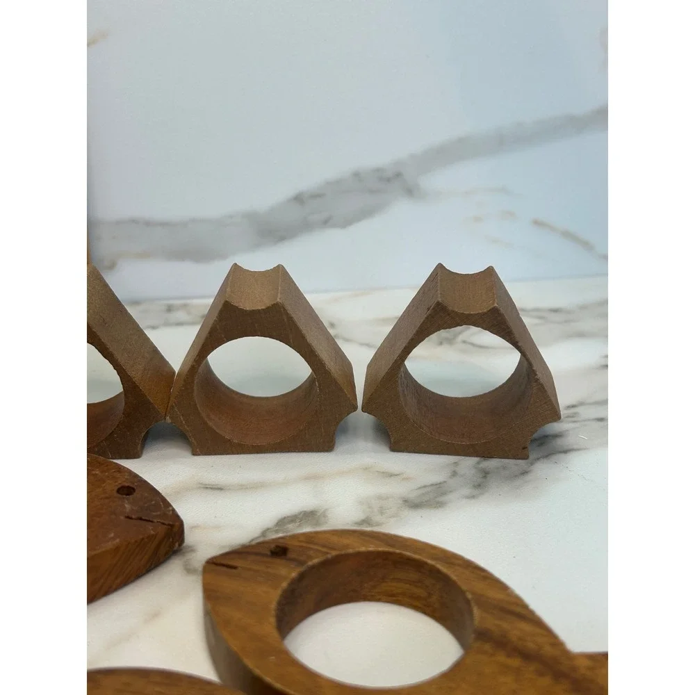 Vintage Wooden Napkin Rings Set of 13 Fish and Geometric Shapes Philippines Wood